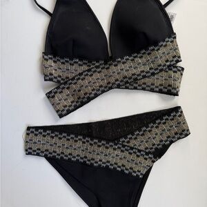 River Island Black Metallic Gold Plunge Wrap Bikini Set